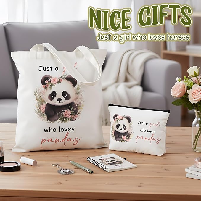 Kinlop 5 Pcs Panda Gifts for Women Include Just a Girl Who Loves Pandas Tote Bag Canvas Cosmetic Bag Coil Notebook Keychain and Ballpoint Pen for Women Girls