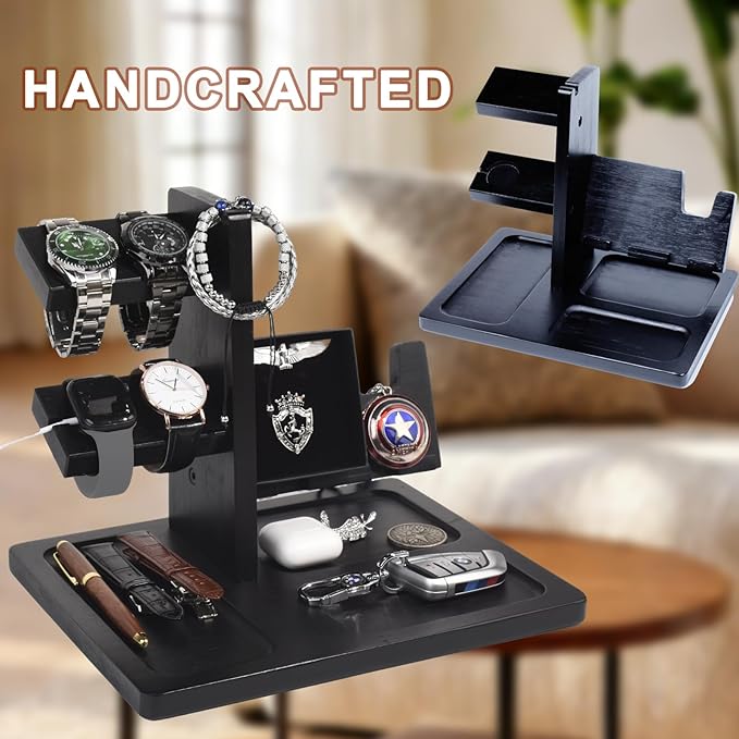 Watch Stand for Men, Solid Wood Watch Holder Organizer with Challenge Coin Display & Valet Tray, Mens Nightstand Organizer for Smartwatch Charging Station, Desk Accessories, Gift for Husband, Dad