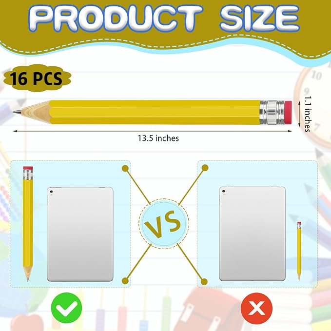 SAYAYA 16 Pack Jumbo Wooden Pencils 13.5 Inch Funny Giant Novelty Pencils for Gag Gifts, School Props, Birthday Parties, Decorative Use & Art Projects, Home Office Supplies, Yellow
