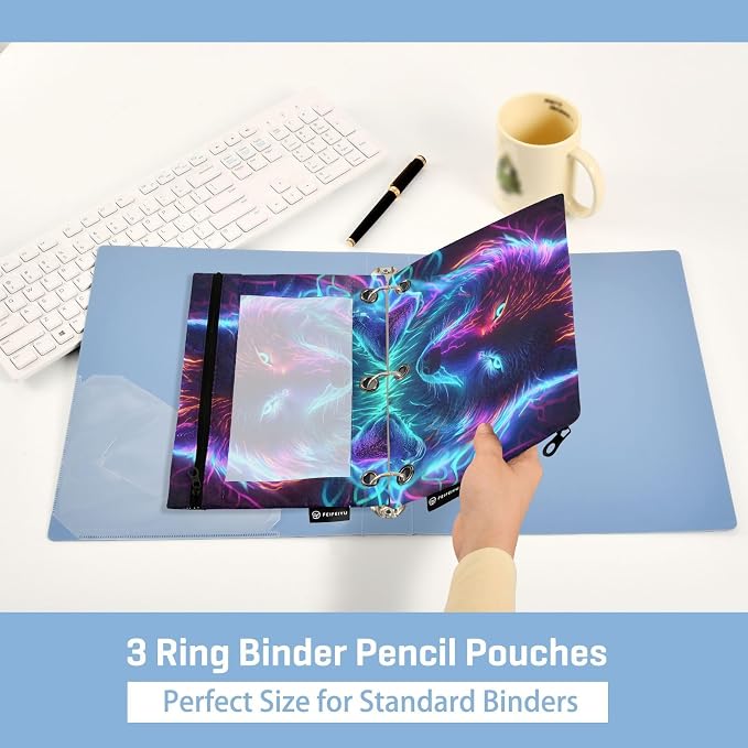 Neon Wolf Galaxy Wolves Pencil Pouch for 3 Ring Binder 2 Pack Zipper Binder Pencil Bag with Clear Window Pencil Case for Office Supplies