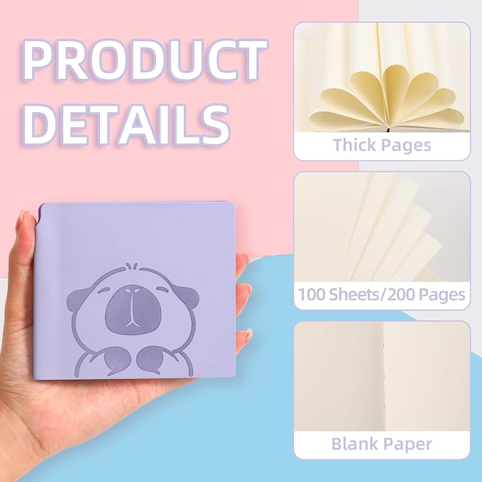 BOBO RABBIT 3 Pack Mini Blank Notebooks Pocket Size Unlined Paper Journal Notebook Total 600 Pages Sketch Book Small Softcover Vegan Leather No Line Sketchbook Cartoon Capybara Pattern for Travelers Drawing Sketching Travel Lay Flat, 3.9"x3.9" Inner(Mi...