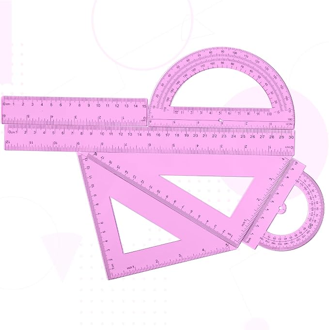 Tenare 6 Pcs Plastic Ruler Math Set Includes 12 Inch 6 Inch Straight Protractor Triangle Geometry Transparent Math Ruler Measuring Tools for School Office Home(Pink)
