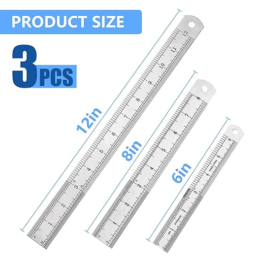 DTDNZKN 3 Pcs Stainless Steel Rulers, 6", 8", 12" (15cm,20cm,30cm) | Metal Straight Edge Ruler with SAE & Metric Measurements - for Drawing, Home, Office and Engineering Use