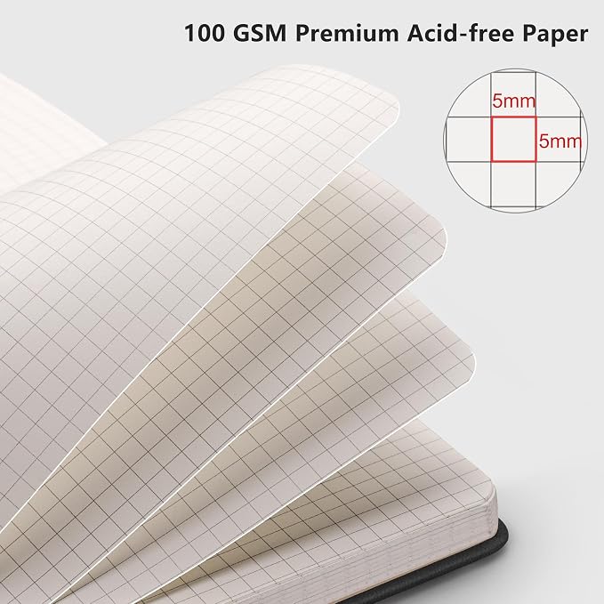 RETTACY Graph Grid Paper Notebook, 192 Pages, A5 Size (5.7'' x 8.3'') | 5 Squares per Inch, Leather Hardcover, 100 GSM Thick Paper, for School, Students, Math, Engineering (Black)