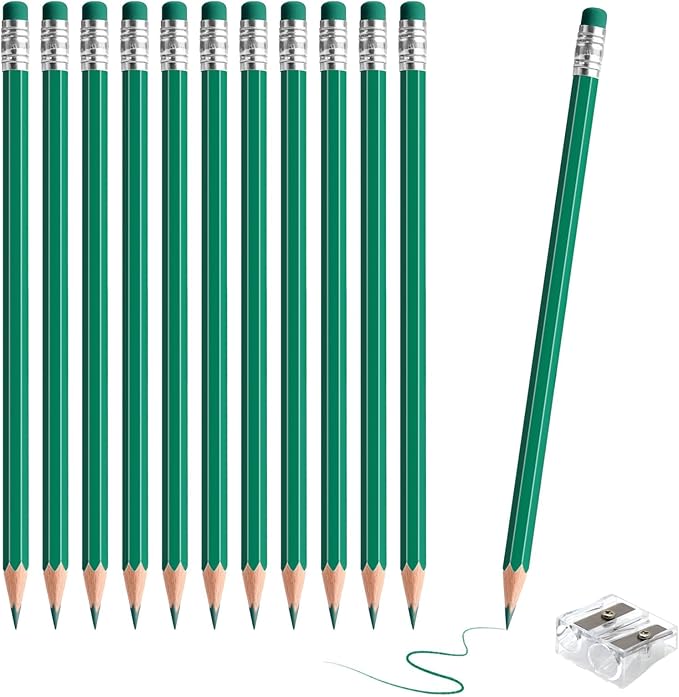 12 PCS Green Pencils with Eraser, Pre-Sharpened HB Pencils for Writing & Drawing, School Supplies for Kids Homework, Tests, Art Crafts & Teacher Grading (Green)