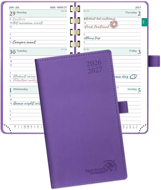 POPRUN Pocket Planner 2026-2027, Small 3.5''x6.5'' Academic Pocket Calendar | Weekly Planner, Purse Calendar Book(July 2026 - June 2027) with Hourly Time Slots, Spiral Soft Cover - Purple