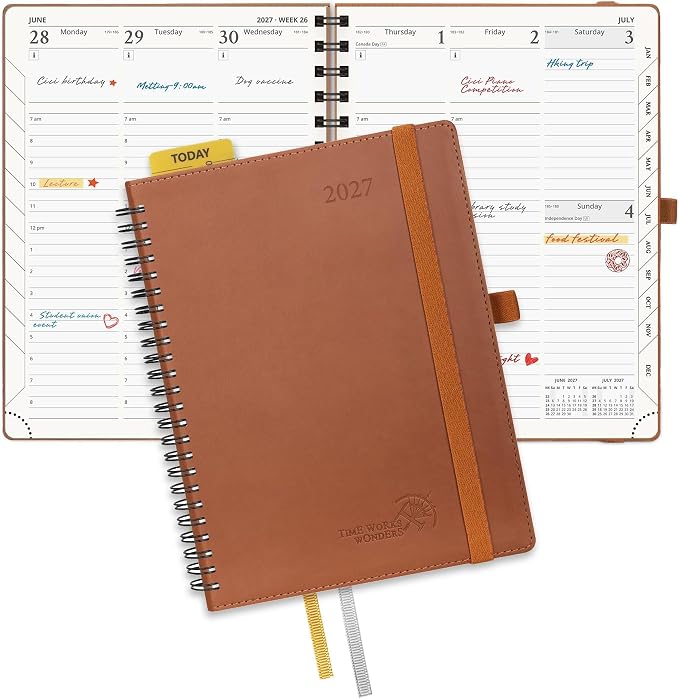 POPRUN 2027 Planner, 6.5'' x 8.5'', Weekly and Monthly Daily Calendar Book | 2027 Agenda(Jan - Dec) Appointment Book with Hourly Time Slots, Monthly Tabs, 100GSM, Spiral Leather Cover - Brown
