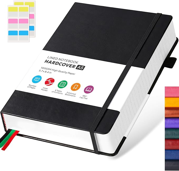 Hardcover Lined Notebook Journal for Writing, 320 Pages Leather Thick College Ruled Notebook Journal with 100GSM Paper, A5 (5.7'' X 8.4'') Daily Journal for Women Men Work Organization, Black