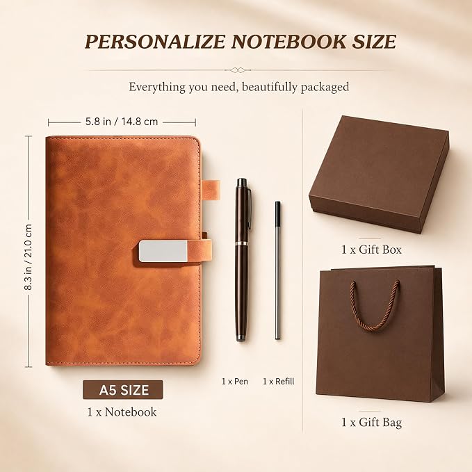 CRME Personalized Leather Journal with Pen and Gift Box,Custom Name Engraved A5 Hardcover Notebook for Work Business Travel,Personalized Notebook and Pen Set for Men Women,5.8"x 8.3",Brown