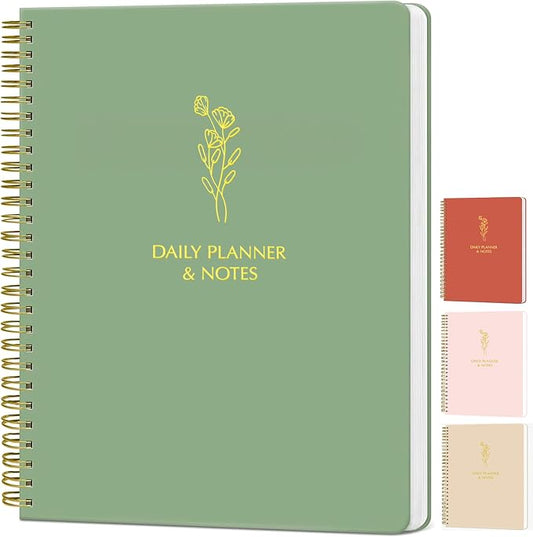 Simple Daily Planner Undated with Hourly Schedule - 6.5x9.25" Sage Green Day Planner & Spiral To Do List Notebook - Aesthetic and Cute Work Journal, Task Organizer Notepad and Productivity Planners