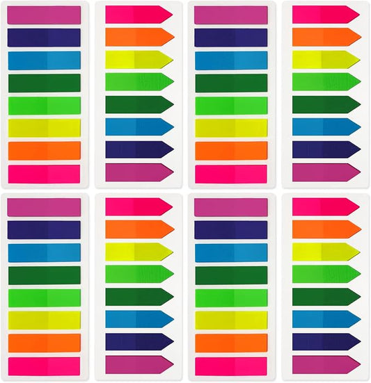 KICNIC Page Markers Colored Sticky Tabs 1600 Pcs, Translucent Arrow Flags for Page Marking, Fluorescent Index Tab Stickers for Notebooks, Small Sticky Notes Flags [8 Colors, 8 Sets]
