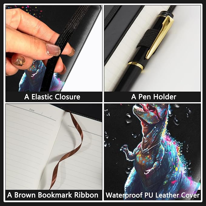 A5 Leather Lined Journal Notebook, 200 Pages Hardcover Executive Notebook for Men Women Office School Note Taking, Thick Writing Paper Daily Journal with Bookmarks/Indexes, Dinosaure Black