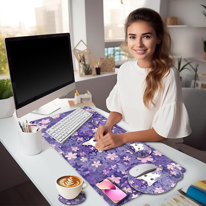 LIMKRIAN Purple Mouse Pad Large Desk Mat Set, Kawaii Cat Gaming Mousepad | Ergonomic Wrist Rest, Computer Mat, Keyboard Wrist Support, Coaster, Cute Purple Office Desk Accessories Cat Decor Supplies