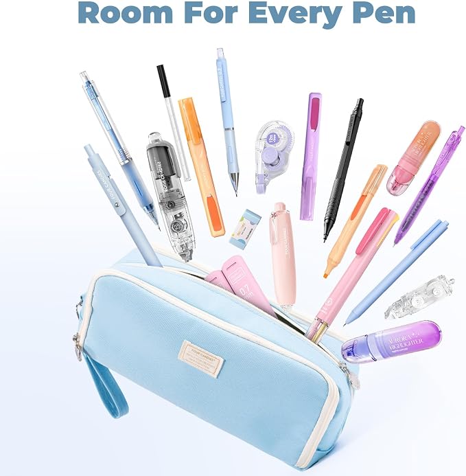 Four Candies Blue Pencil Case 3 Compartment Pouch, Large Pencil Pouch for School, Girls, Teen Boys, Women, Blue, Removable Handle & Zipper, Cute Pencil Bag for Office, College