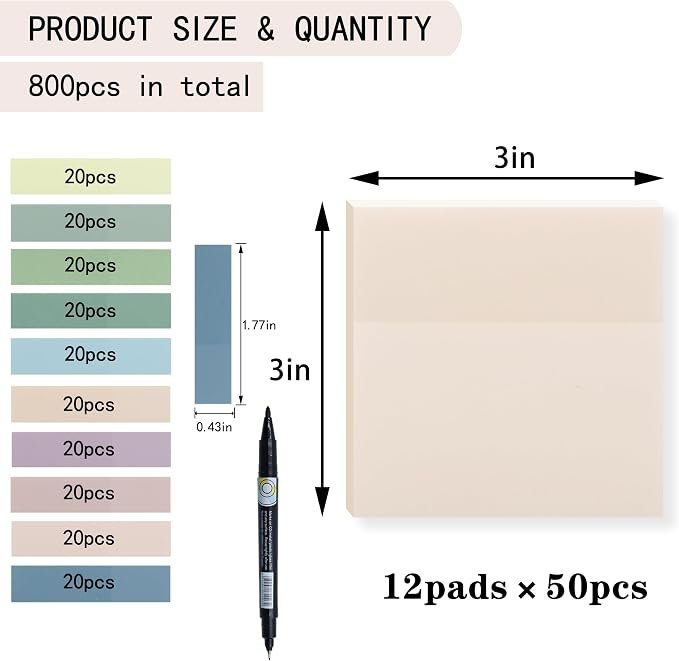 YOUDEFUL 800Pcs Transparent Sticky Notes, Morandi Gray Clear Sticky Notes, 3"x3" Waterproof Translucent Sticky Note Pads, Index Tabs, Clear Post it Notes for Bible Study, See Through Sticky Notes