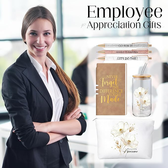 Funnymoom 6 Pcs Appreciation Gifts Set for Women Back to School Teacher Gifts Employee Thank You Gift with 17 oz Glass Tumbler Journal Pens and Pouch for Coworkers Educators,Floral,White