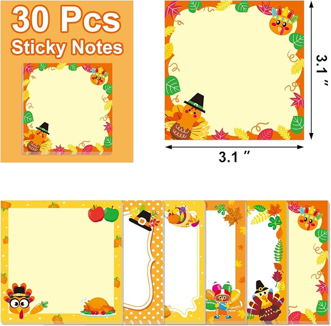 30 Pack Fall Turkey Sticky Notes for Kids - 600 Sheets Thanksgiving Notepads for Thank You Gifts, Party Favor, Notes, Message Reminder, School Supplies