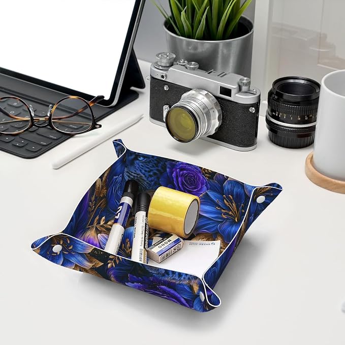 Luxury Leopard And Floral Blue Roses Valet Tray Leather Desktop Storage Organizer Bedside For Jewelry Keys Coin Sundries