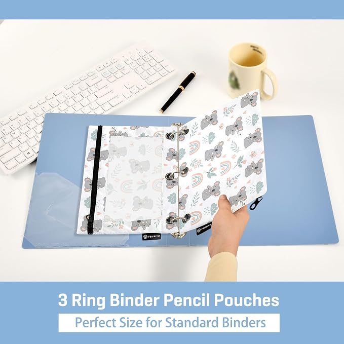 Gredecor Binder Pencil Pouch 3 Ring Koala Rainbow Floral Zipper Pencil Pouches Case 2 Pack Clear Binder Organizer for School Office