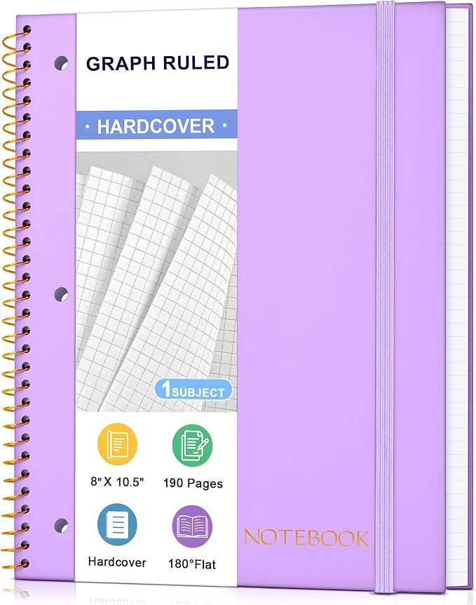 Spiral Notebook Graph Ruled Paper 8" x 10 1/2", 1 Subject Spiral Grid Notebook 3-Hole Punched Perforated Page Ideal for School, Office, Writing, 95 Sheets Lined Journaling Graphing Notebook, Purple
