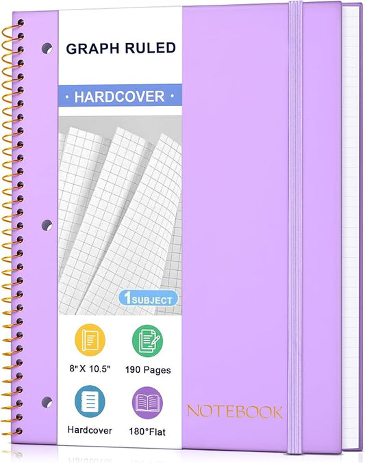 Spiral Notebook Graph Ruled Paper 8" x 10 1/2", 1 Subject Spiral Grid Notebook 3-Hole Punched Perforated Page Ideal for School, Office, Writing, 95 Sheets Lined Journaling Graphing Notebook, Purple