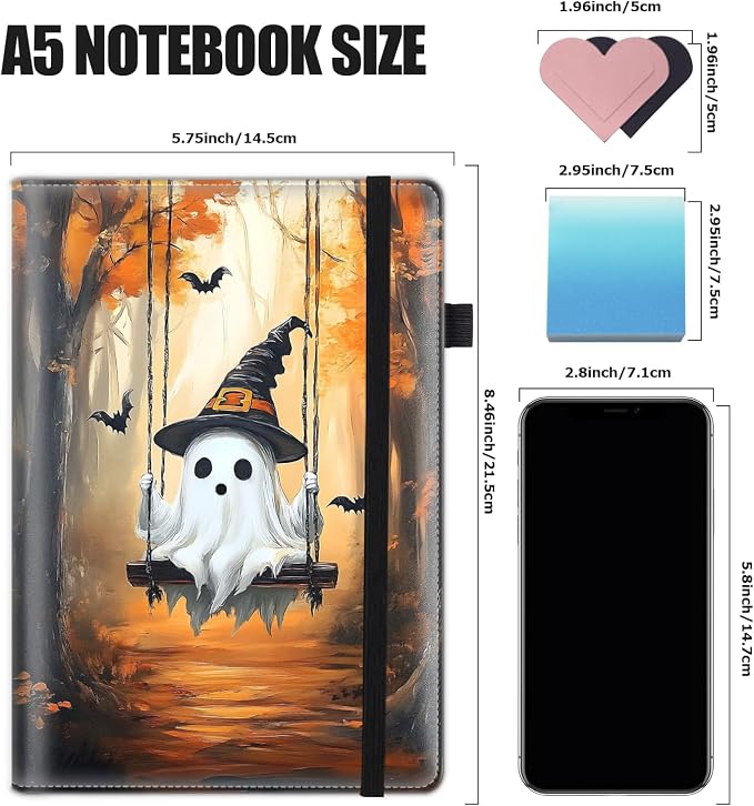 Hardcover Executive Notebooks, A5 PU Leather Lined Journal Notebook, 200 Pages Thick Paper Subject Notebooks for School,Work,Home Writing Business Notebook, Diary Book ，Ghost on The Swing
