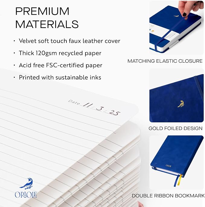 Oriole Vegan Leather Ruled Notebook - Deep Blue | 176 Pages of Thick Lined Paper | Soft Touch Hardcover Journal (5 x 8 in) with Gold Foil Bird Design & Luxury Gift Box