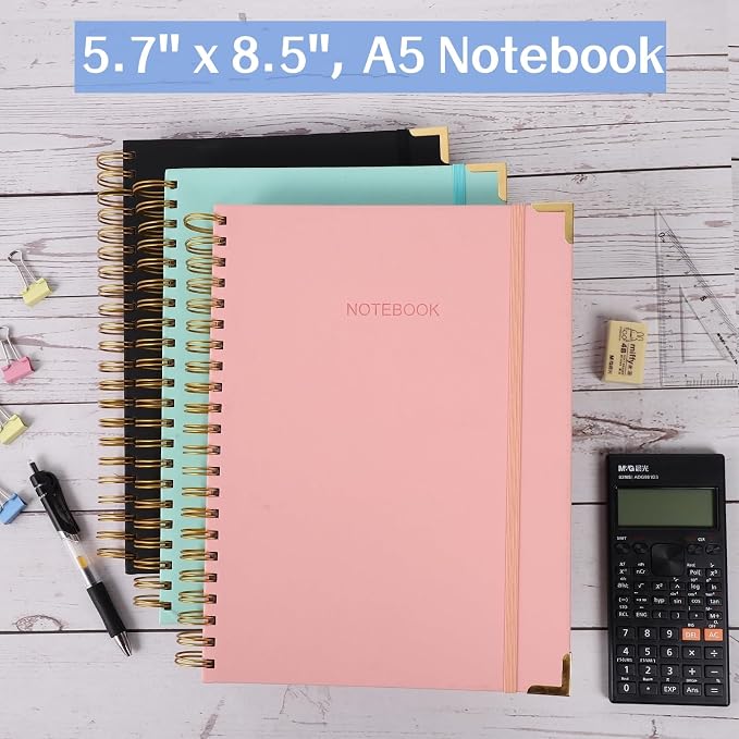 Spiral Notebook, Hardcover Leather Journal for Women Men, 300 Page Thick Notebooks College Ruled for Work, School, Note Taking, Writing Journals, Large A5 Notebook with Tabs Sticky, 5.7" x 8.5", Black
