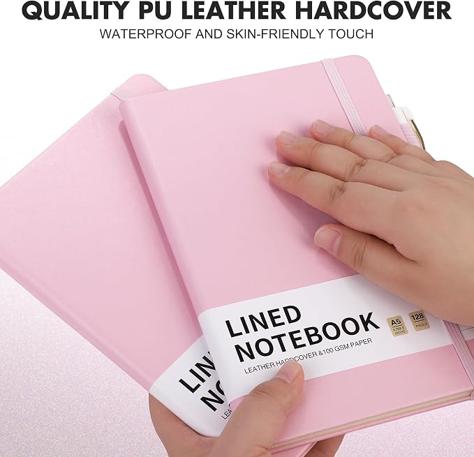 Aodaer 30 Set Lined Notebook Journals with Pens A5 Notebooks 100 GSM College Ruled Hardcover Notebook PU Leather Notepad with Pen Holder for Office School, 5.7 x 8.3 Inches, Pink