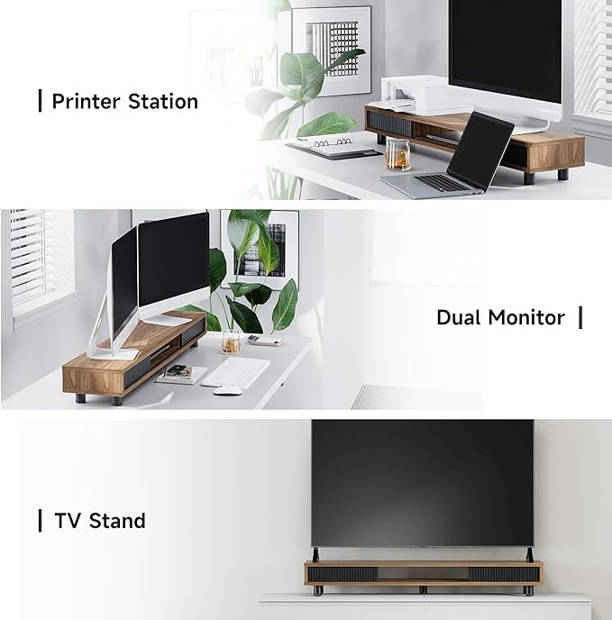 Fenge Dual Monitor Stand with Storage, Desk Shelf with Glass Sliding Door | Ergonomic Height Adjustment, 42.5in Monitor Shelf, 2-Tier Monitor Riser, Desk Organizer for Screen, PC, Laptop, Brown