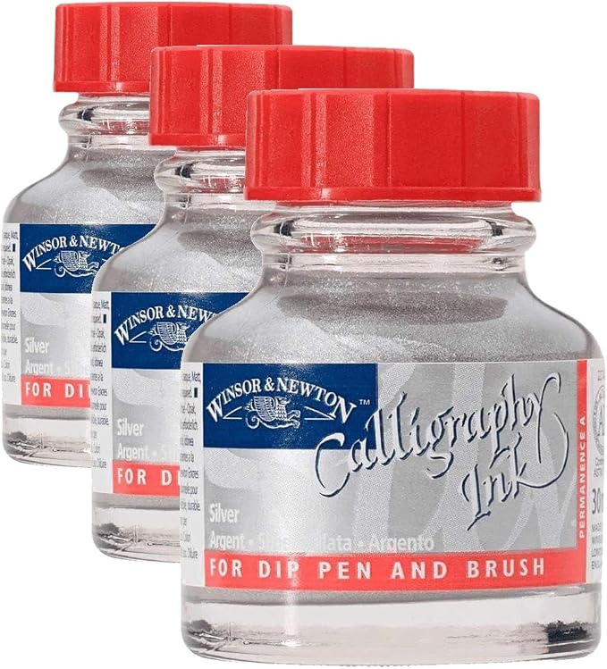 Winsor & Newton Calligraphy Ink, 30ml (1-oz) Bottle, Silver (Pack of 3)