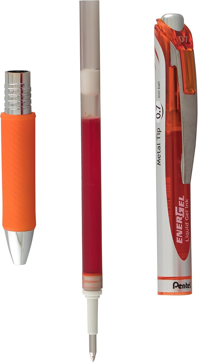 Pentel EnerGel RTX Retractable Liquid Gel Pen, Medium Line, Metal Tip, Orange Ink, 2-Pack (BL77BP2F)