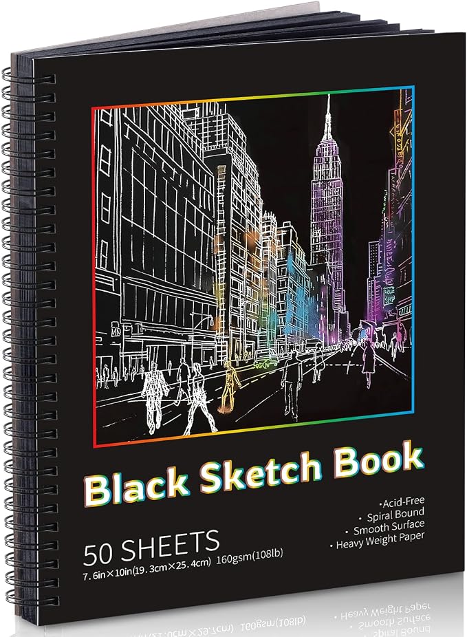 Black Paper Sketchbook, 7.6 × 10 in, 50 Sheets, Spiral Hardcover | 160gsm Acid-Free Black Paper, Lays Flat, Tear-Out Pages, for Colored Pencils, Chalk, Metallic Markers