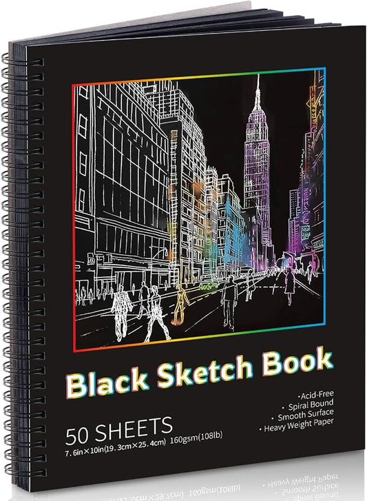 Black Paper Sketchbook, 7.6 × 10 in, 50 Sheets, Spiral Hardcover | 160gsm Acid-Free Black Paper, Lays Flat, Tear-Out Pages, for Colored Pencils, Chalk, Metallic Markers