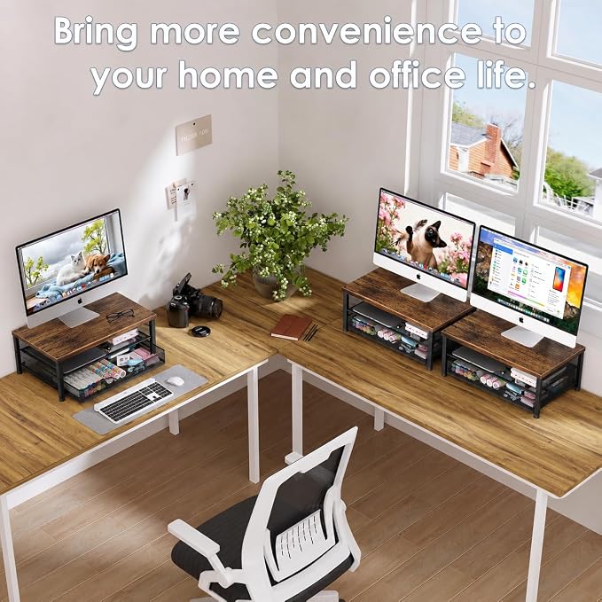 OPNICE Computer Monitor Stand Riser, Desk Organizer with Drawer, Printer & Laptop Stand, Office Desk Accessories & Workspace Desktop Organizers Storage for Office Supplies(Brown)