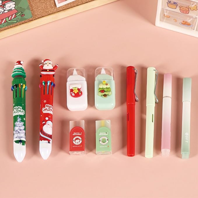 MOZXIRZ 6 Pcs Cute Christmas Stationery Set for Girls Boys Women Men Xmas School Supplies Office Supplies Including Gel Ink Pens Ballpoint Pens Pencil Eraser Christmas Gift (Xmas-Red)
