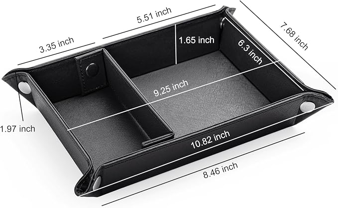 Valet Tray for Men PU Leather Tray Organizer with Partition Luxurious | Night Stand During Trays Storage Keys, Watch & Practical Storage for Table Nightstand Living Room Bedroom (Black)