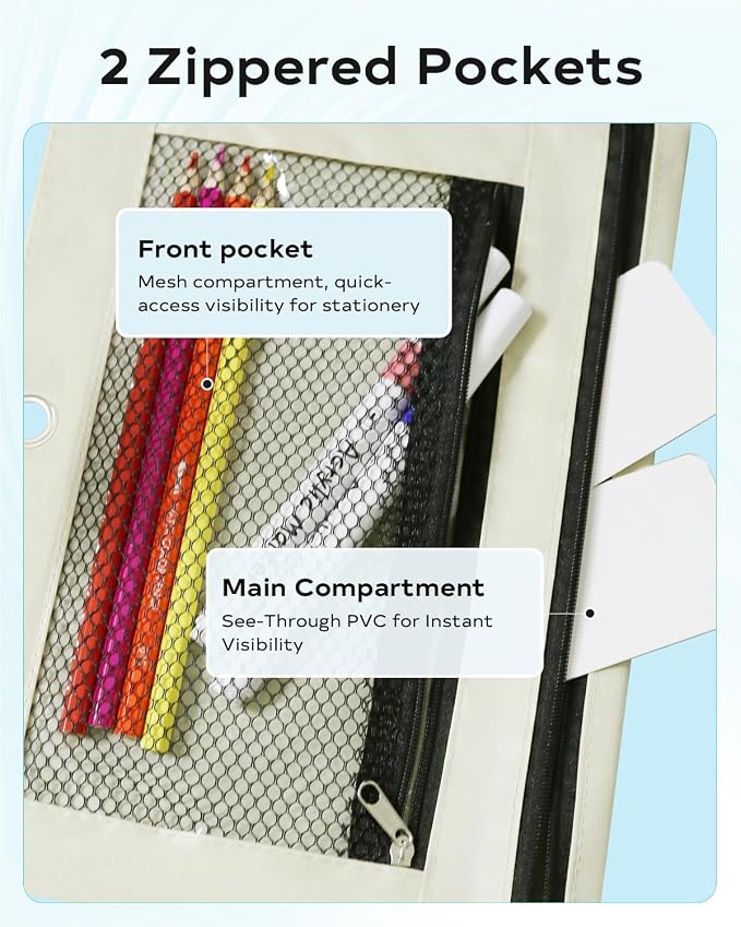 Pencil Pouch for 3 Ring Binder - 3 Hole Zipper Pen Case Bag Holder Bulk Accessories Clear Window Aesthetic Organizer Pockets