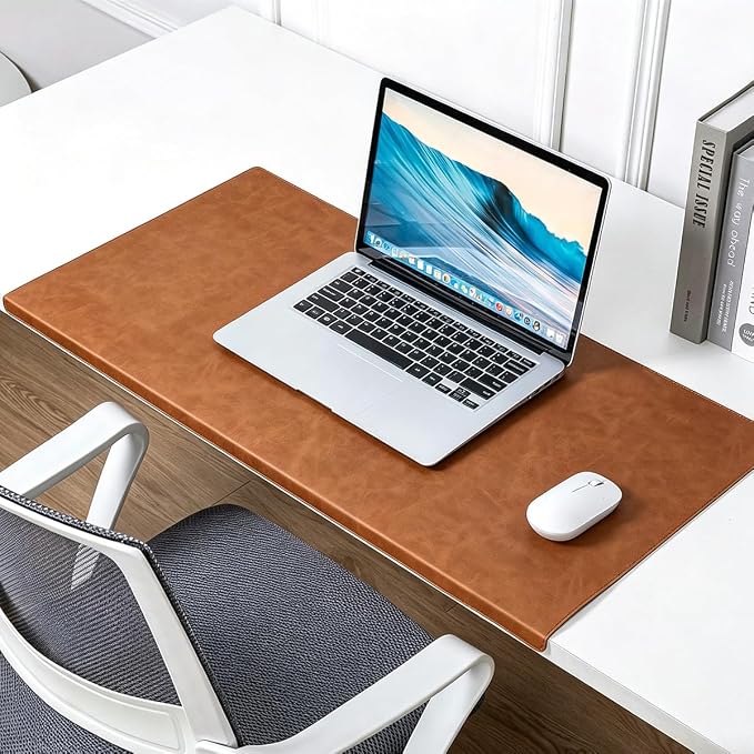 Edge-Locked Non-Slip Large Desk Pad with Edge Protector, Leather Office Laptop Mouse Mat Extended Table Protector, Desk Blotter for Writing Game Work Typing (Brown,27.6"x12.6")