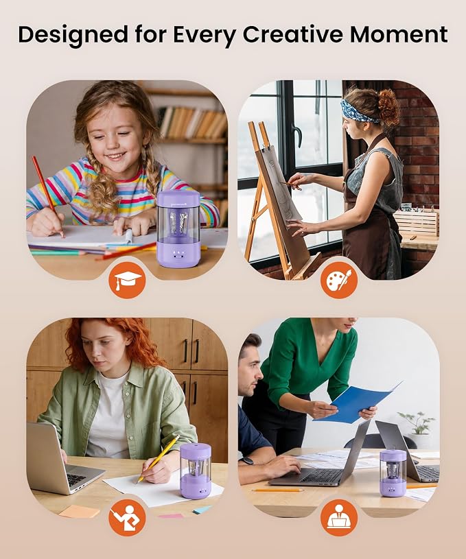 Electric Pencil Sharpener for Classroom, Fully Automatic Pencil Sharpener for 6-8mm Pencils & Colored Pencils, Auto in & Out, Type-C Rechargeable Pencil Sharpeners for Home, School, Purple