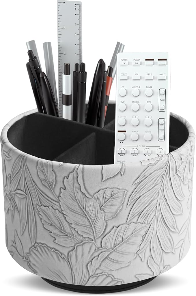 Round Leather Art Supply Organizer,Remote Control Holder,360 Degree Spinning,Multi-Functional Pencil Holder,4 Compartments Desktop Stationary Organizer(1-Carved Grey)