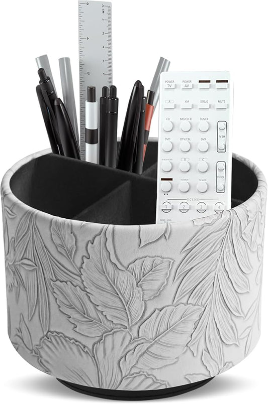 Round Leather Art Supply Organizer,Remote Control Holder,360 Degree Spinning,Multi-Functional Pencil Holder,4 Compartments Desktop Stationary Organizer(1-Carved Grey)