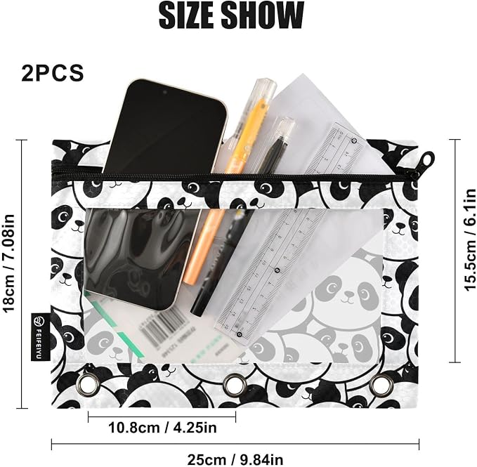 ALAZA Pencil Pouch for 3 Ring Binder, Panda Head Cute Binder Pencil Pouches with Clear Window Zipper Pencil Case Cosmetic Bags for Office College Supplies, 2PCS