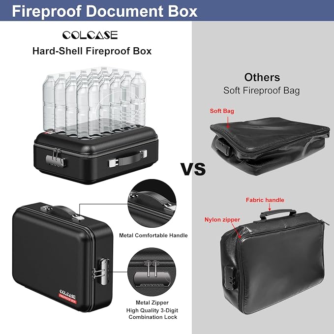 COLCASE Fireproof Document Box with Lock, Hard Fireproof Document Organizer | Hard-Shell Fireproof Waterproof Documennt Box with Combination Lock Black