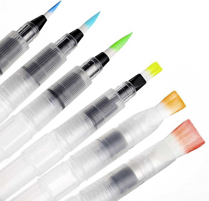 Chromatek AquaPens. Set of 6 Refillable Aqua Watercolor Brushes with Nylon Tips. Easy Water Brush Pens for Painting. Blending & Calligraphy. Includes Online Video Tutorials & Templates