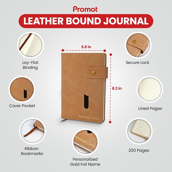 Promot Personalized Notebook - A5 Lined Leather PU Journal Notebook (Tan) | Premium Leather-Look Cover, Smooth Lined Writing Pages, Durable Everyday Design, Elegant Professional Appearance