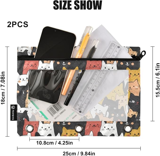 Binder Pencil Pouches, Fat Cute Cats Pattern Pencil Case with Clear Window 3 Rings Pen Case Holder Office Supplies