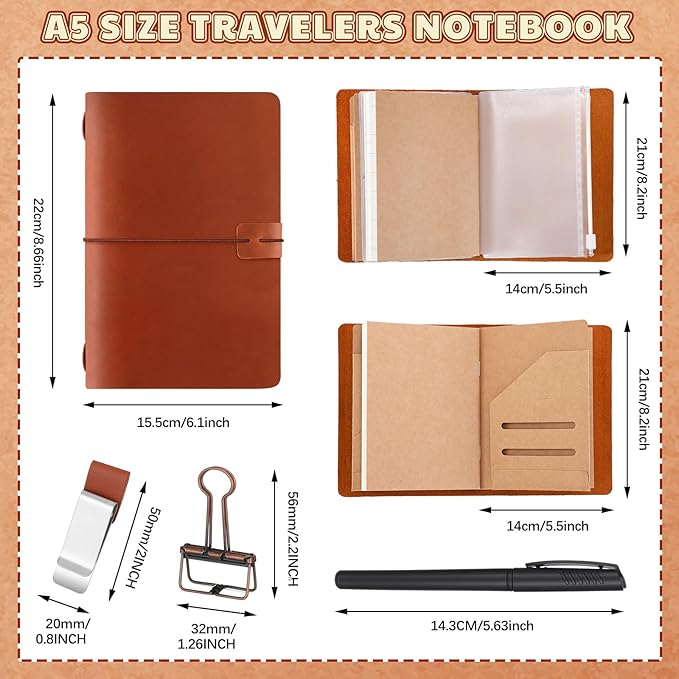 Thenshop Travelers Refillable Leather Journal Notebook Travel Diary Handmade Passport Travelers Journal for Men and Women with 3 Notebook Inserts, Pen Holder, Binder Clip(Brown,A5 Size)