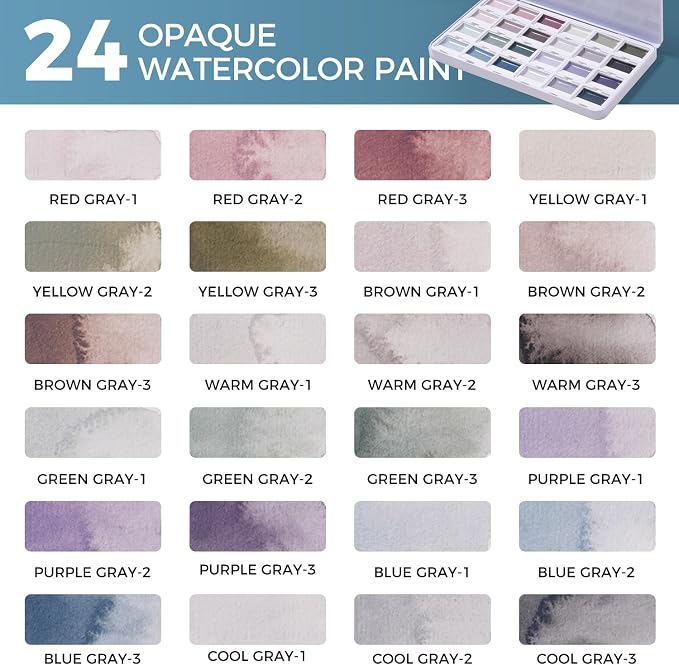 Fuumuui Watercolor Paint Set - 24 Color Opaque Semi-Solid Watercolor, Muted Gray Tones Sets Professional Adult Beginner Artist Supplies for Realistic Landscape Hobbyists Art Painting