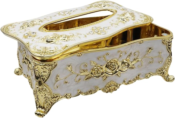 Luxurious Rose Tissue Box with Imitation Diamonds,Gold-White | 9.45"x5.43"x3.94"，Embossed Flowers, Elegant Tissue Paper Holders，for Home Toilet Bath Hotel
